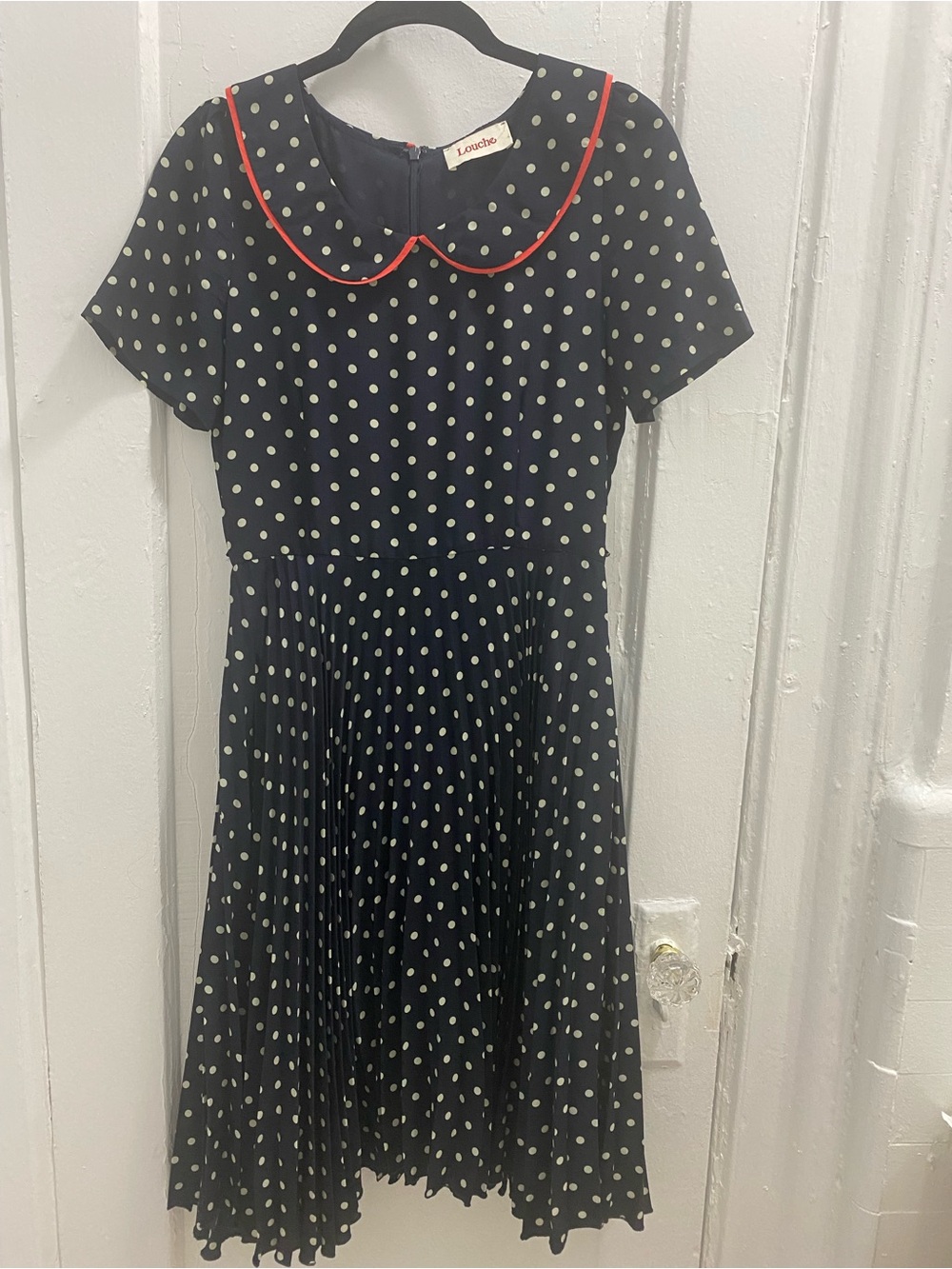 Navy Polka Dot Dress with Red Piping
